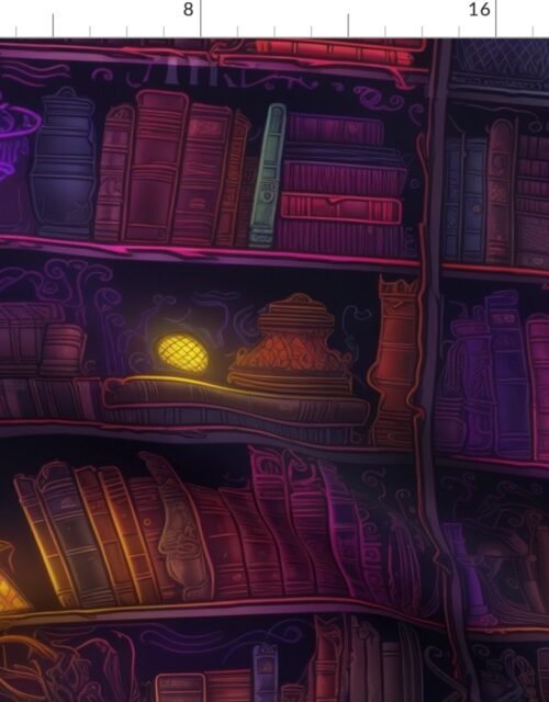 Magician Spooky Neon Halloween Books on Library Spell Book Shelf Fabric
