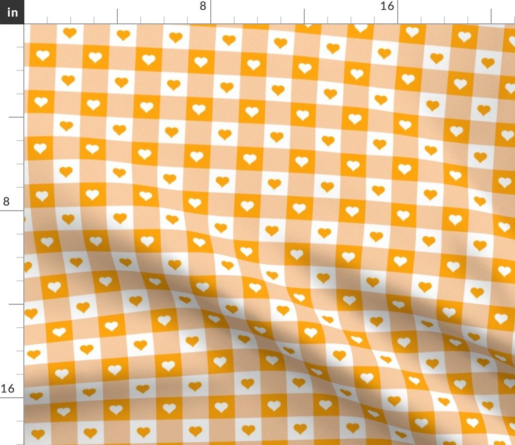 Marigold and White Gingham Valentines Check with Center Heart Medallions in Marigold and White Fabric