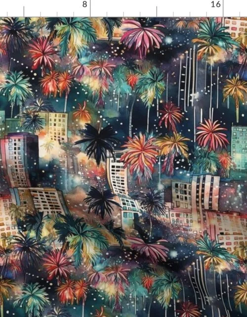 Miami at New Year's in Watercolors with Fairy Lights and Landmarks Fabric