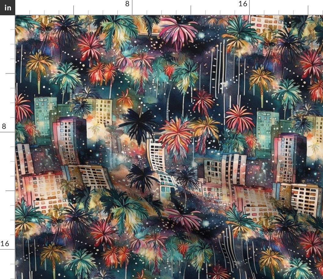 Miami at New Year's in Watercolors with Fairy Lights and Landmarks Fabric