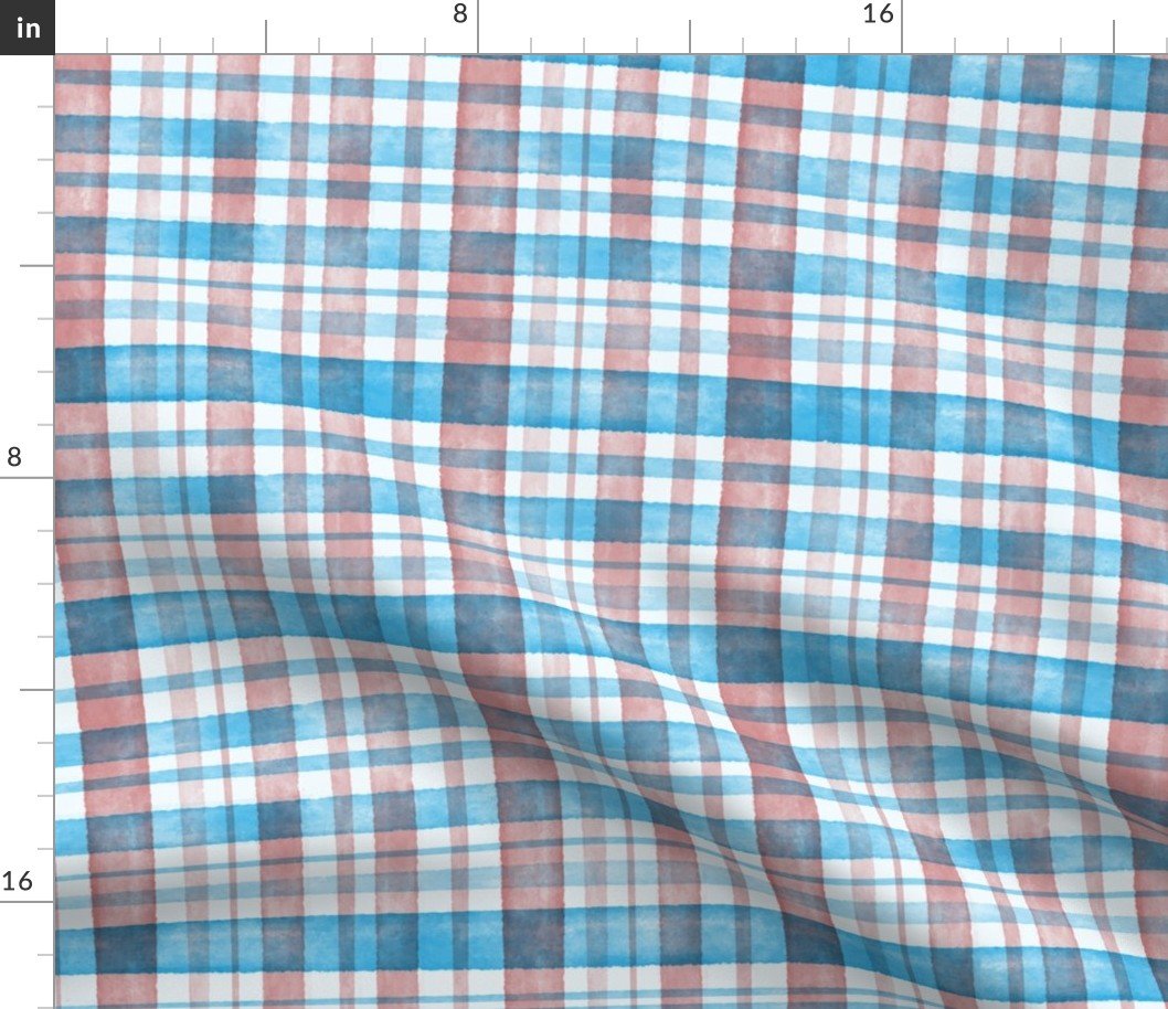 Mid Blue and Rose Watercolor Tartan Checked Plaid Fabric Mid Blue and Rose Watercolor Tartan Checked Plaid Fabric
