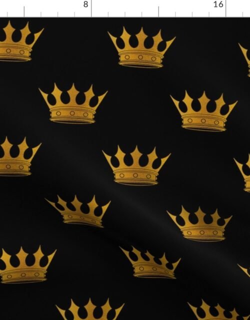 Midnight Black Faux Metallic Gold Crowns Fabric