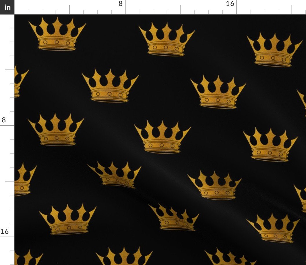 Midnight Black Faux Metallic Gold Crowns Fabric Midnight Black Faux Metallic Gold Crowns Fabric