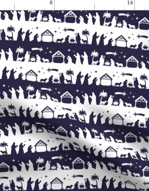 Midnight Blue Christmas Nativity Silhouette Scene Fabric