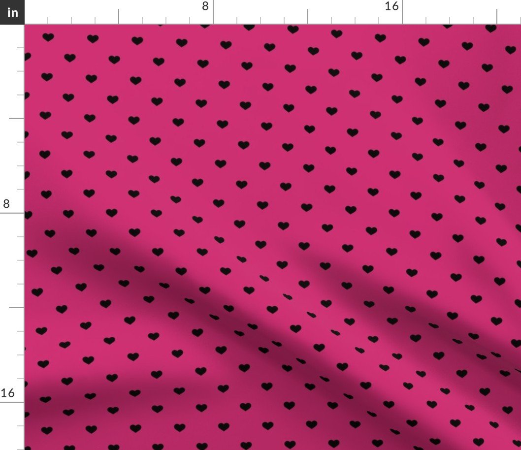 Mini Black Valentines Polkadot Love Hearts on Bubble Gum Pink Background Fabric