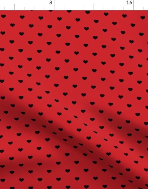 Mini Black Valentines Polkadot Love Hearts on Poppy Red Background Fabric