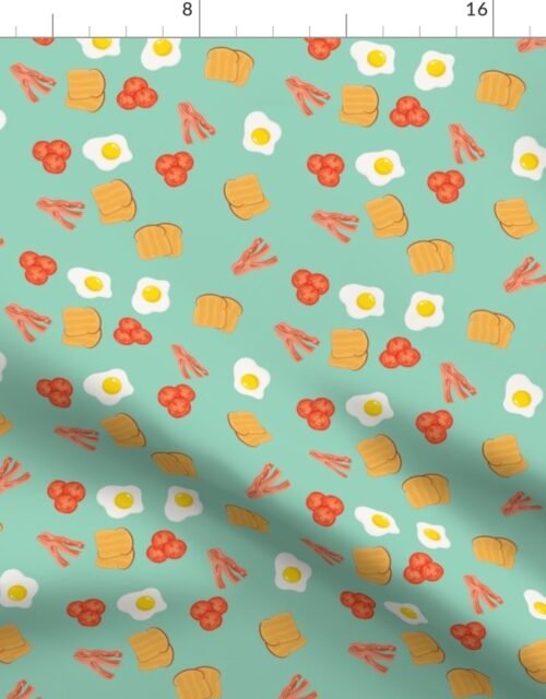 Mini English Cooked Breakfast Bacon, Eggs, Tomato and Toast on Green Fabric