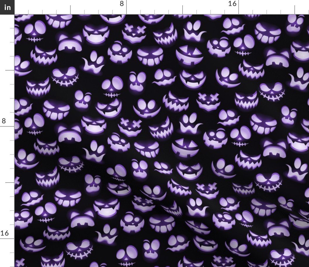 Mini Grinning Halloween Jack o Lantern Faces in Purple on Black Fabric