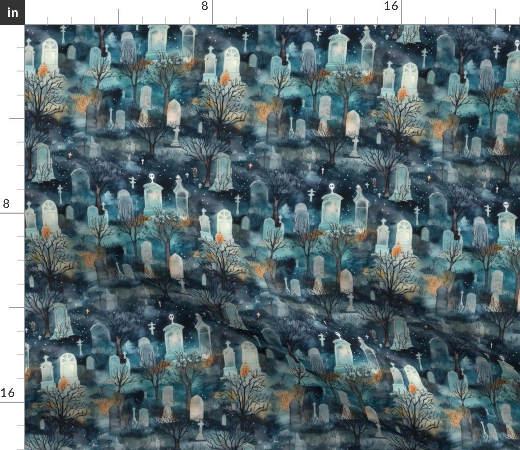 Mini Haunted Graveyard and Night Mist Blue Moonlight with Ghosts Fabric Mini Haunted Graveyard and Night Mist Blue Moonlight with Ghosts Fabric