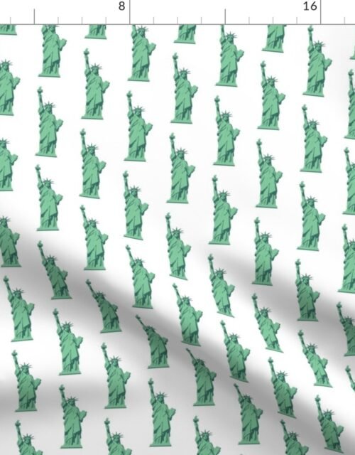 Mini Lady Liberty Statues Repeat in Beguiling Green on White Fabric