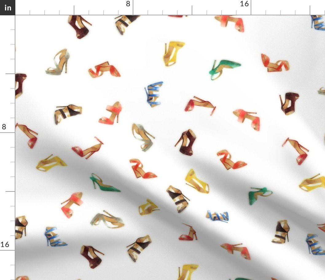 Mini Vintage Multicolor Watercolor High Heel Shoes Tossed Pattern Fabric