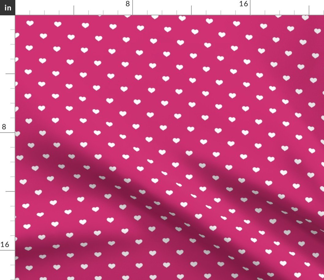 Mini White Valentines Polkadot Love Hearts on Bubble Gum Pink Background Fabric