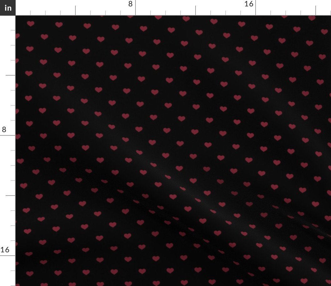Mini Wine Color Valentines Polkadot Love Hearts on Black Background Fabric