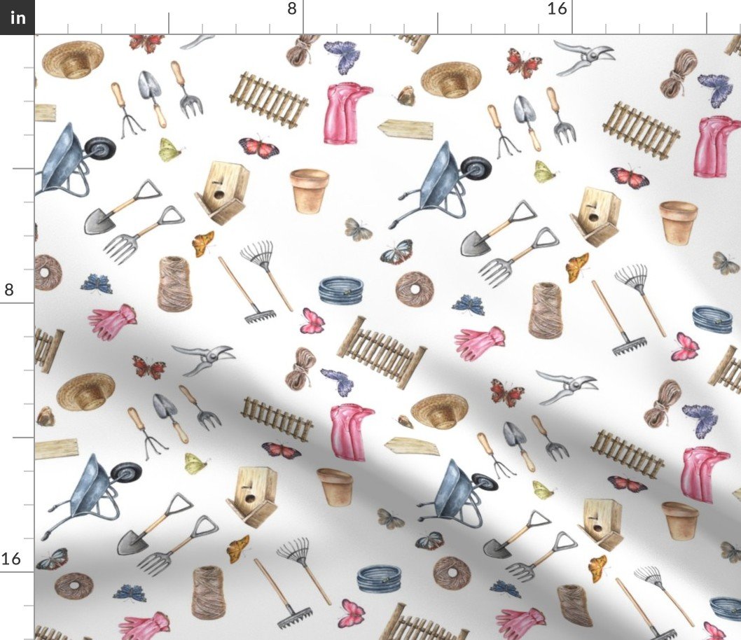 Miniature Motifs for Farmcore with Butterflies, Wellies and Garden Tools Fabric Miniature Motifs for Farmcore with Butterflies, Wellies and Garden Tools Fabric