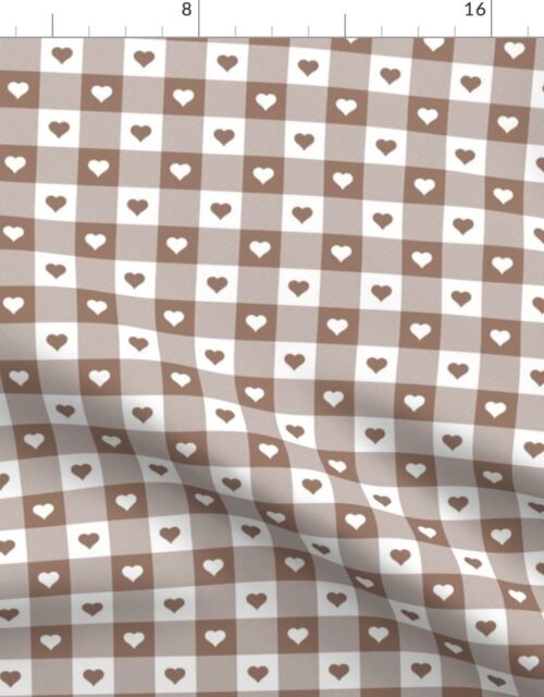 Mocha and White Gingham Valentines Check with Center Heart Medallions in Mushroom and White Fabric