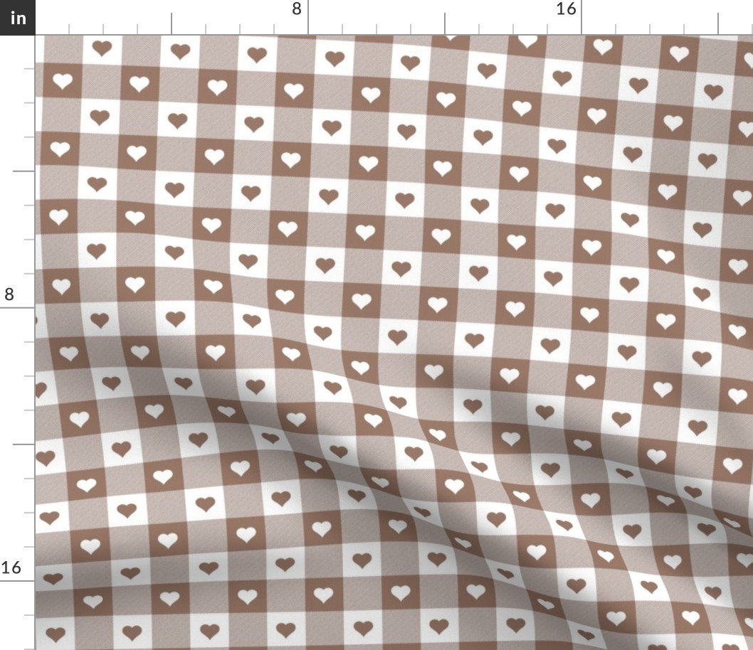 Mocha and White Gingham Valentines Check with Center Heart Medallions in Mushroom and White Fabric Mocha and White Gingham Valentines Check with Center Heart Medallions in Mushroom and White Fabric