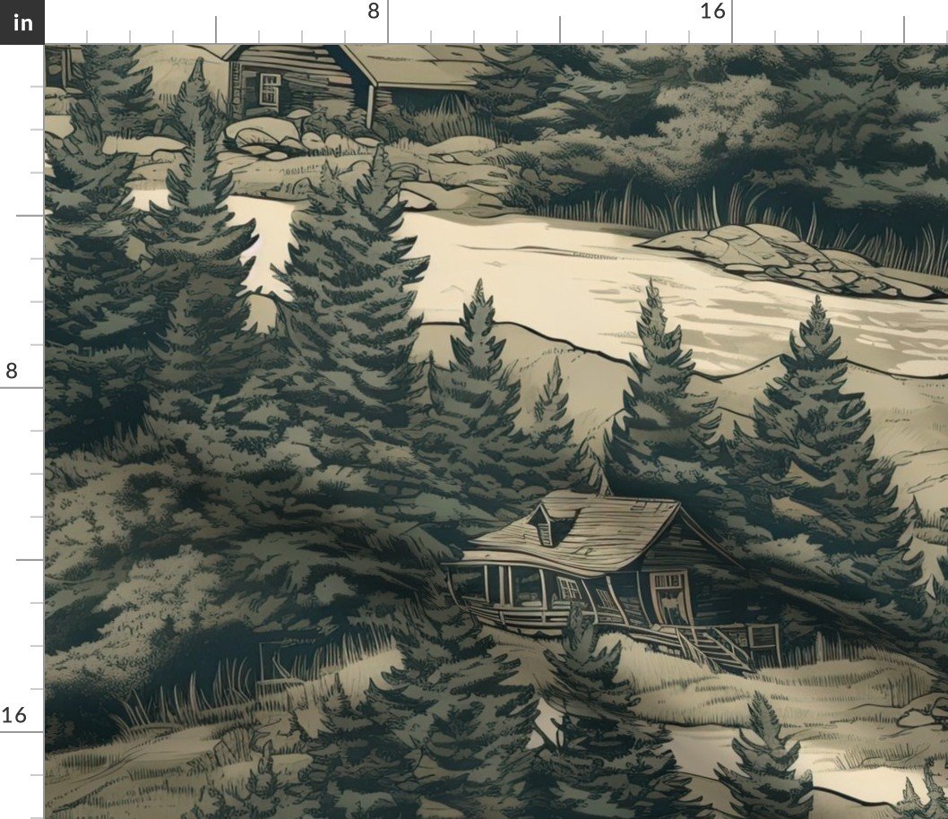 Montana Treescape Evergreens with Cabins Fabric Montana Treescape Evergreens with Cabins Fabric