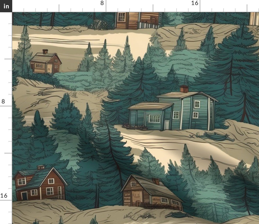 Montana Treescape Evergreens with Cabins Fabric Montana Treescape Evergreens with Cabins Fabric