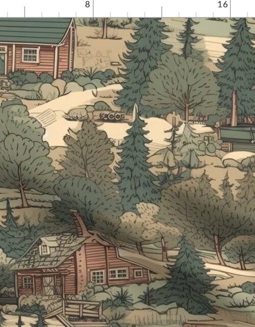 Montana Treescape Evergreens with Cabins Fabric