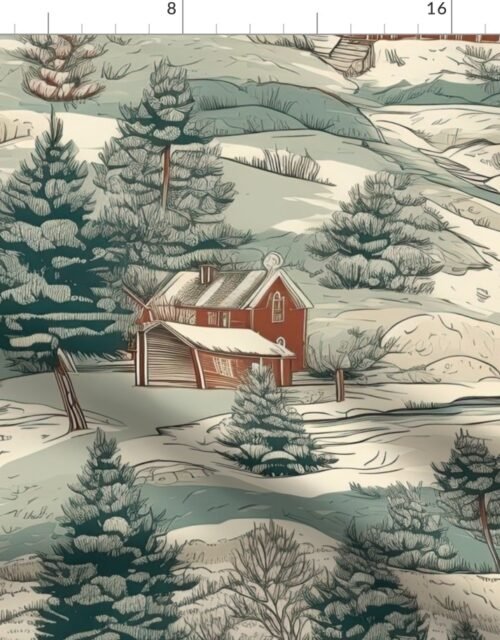 Montana Winter Cabins Montana with Evergreens Fabric