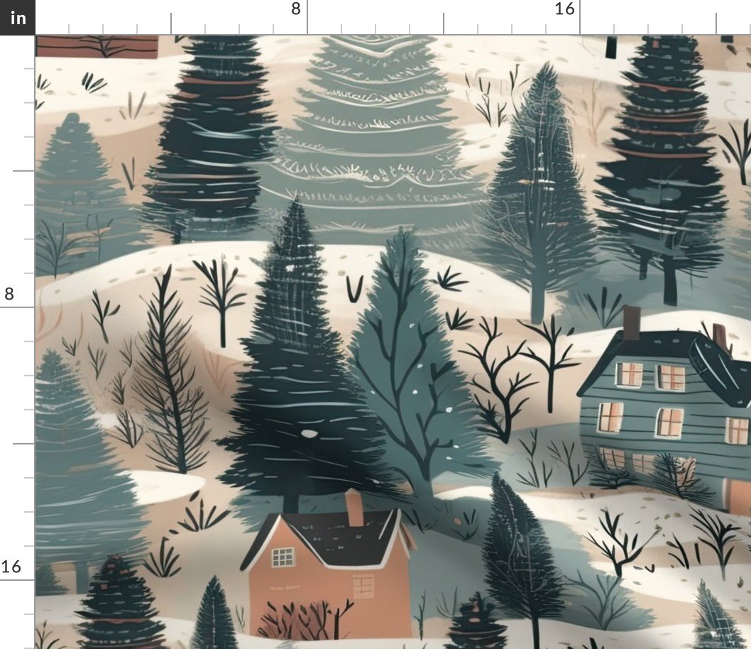 Montana Winter Cabins Montana with Evergreens Fabric Montana Winter Cabins Montana with Evergreens Fabric