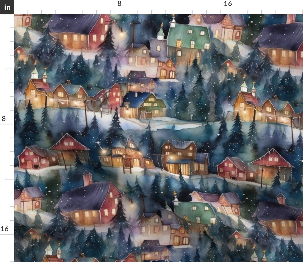 Montana Christmas at Midnight Street Watercolor Fabric Montana Christmas at Midnight Street Watercolor Fabric