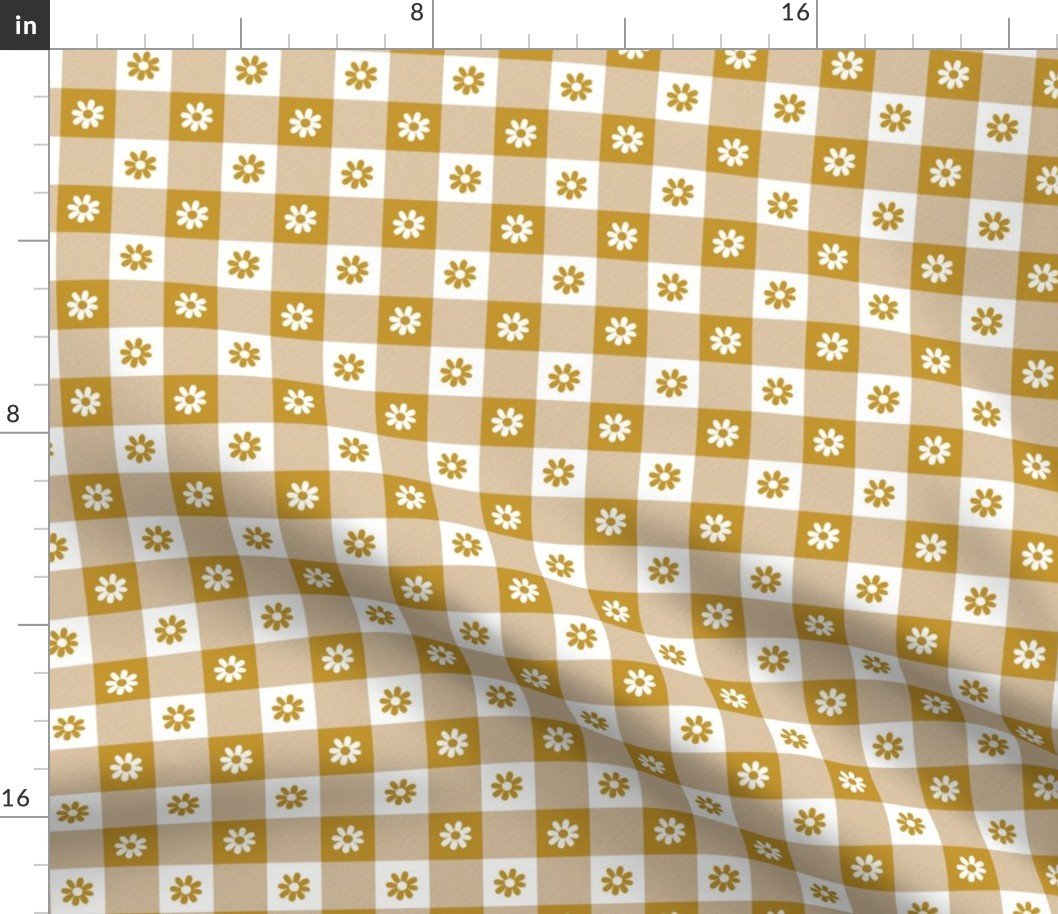 Mustard  and White Gingham Floral Check with Center Floral Medallions in Mustard and White Fabric