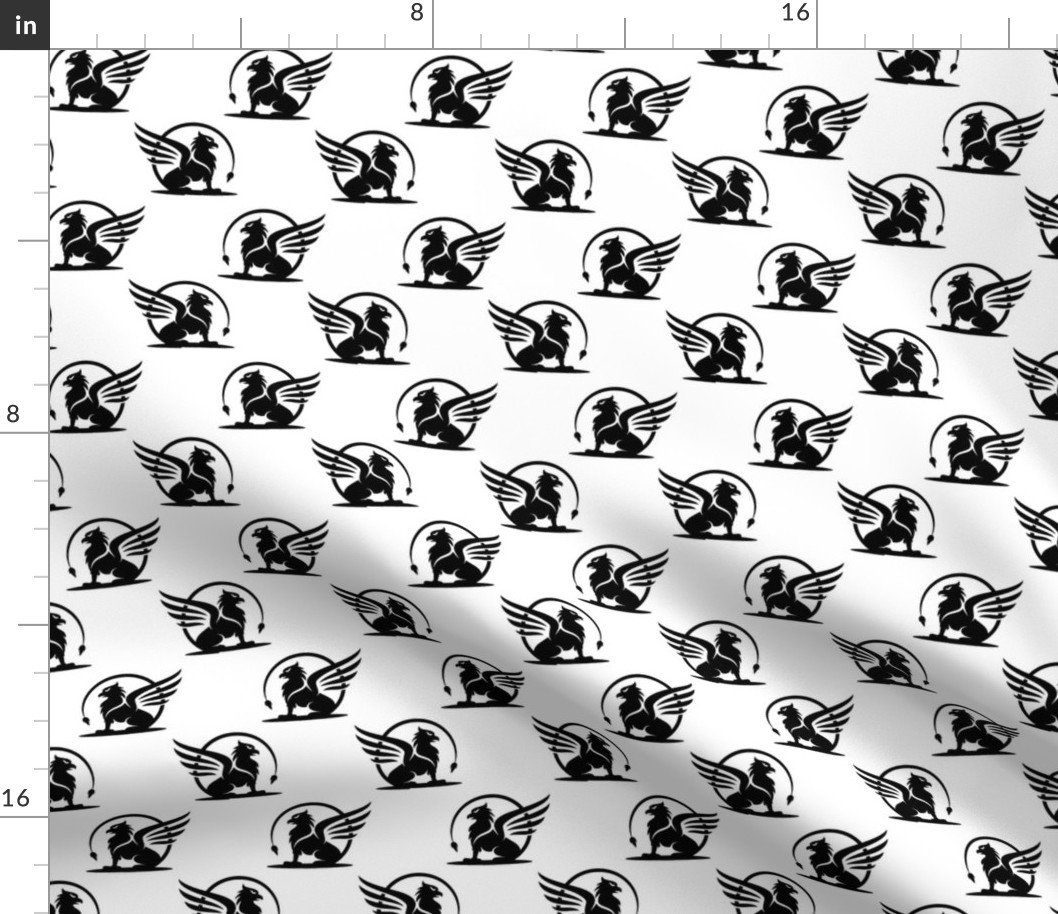 Myth Mythical Griffon in Black on White Fabric Myth Mythical Griffon in Black on White Fabric