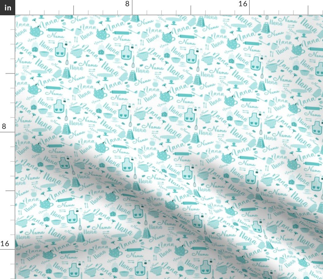 Nana Grandmother Grandma Hygge Kitchen Vector Motifs and Symbols in Aqua on White Fabric