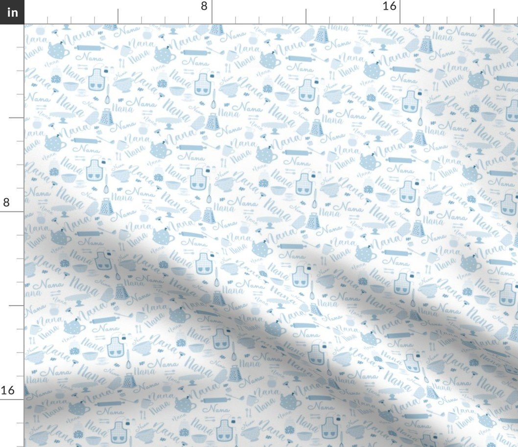 Nana Grandmother Grandma Hygge Kitchen Vector Motifs and Symbols in Blue on White Fabric