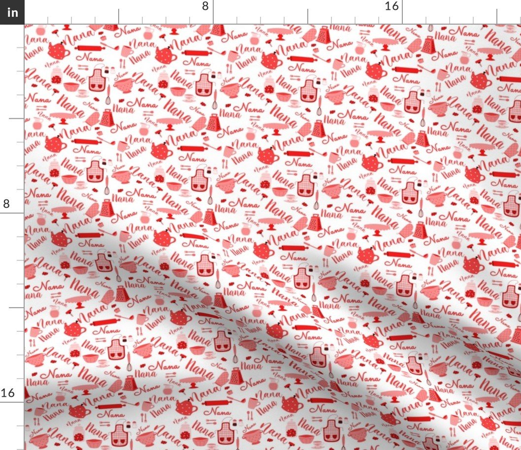 Nana Grandmother Grandma Hygge Kitchen Vector Motifs and Symbols in Fireball Red on White Fabric