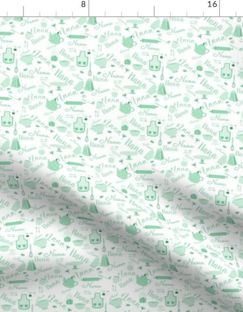 Nana Grandmother Grandma Hygge Kitchen Vector Motifs and Symbols in Mint on White Fabric
