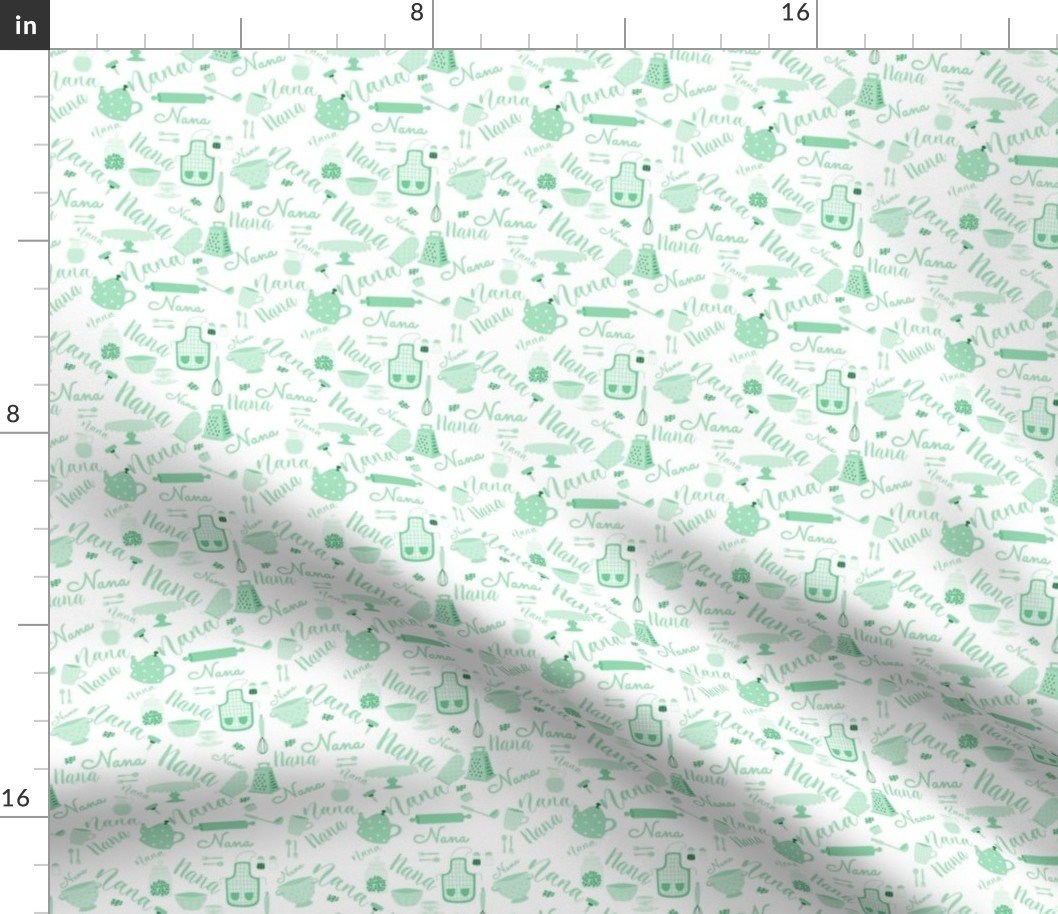 Nana Grandmother Grandma Hygge Kitchen Vector Motifs and Symbols in Mint on White Fabric