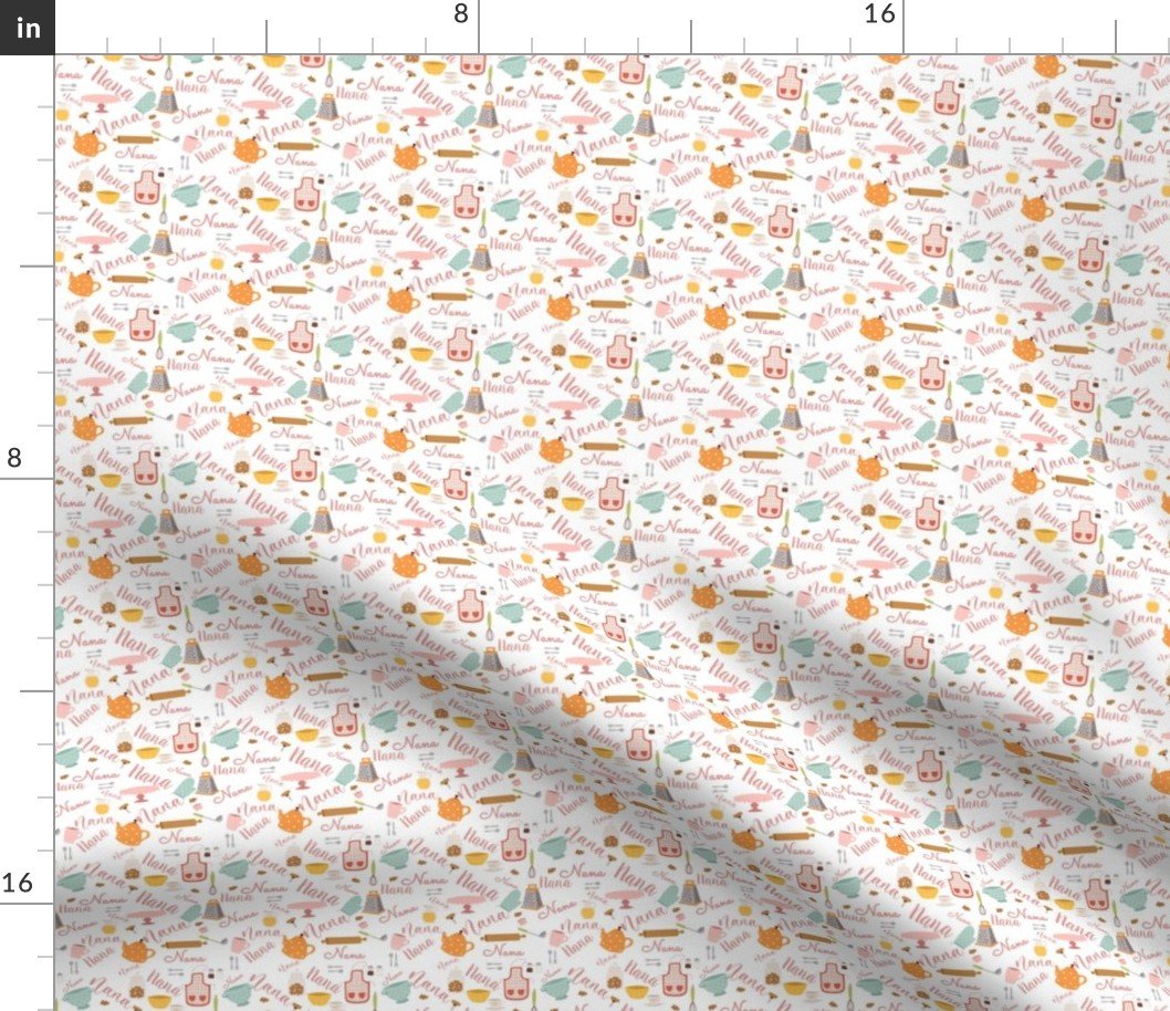 Nana Grandmother Grandma Hygge Kitchen Vector Motifs and Symbols in Pink on White Fabric Nana Grandmother Grandma Hygge Kitchen Vector Motifs and Symbols in Pink on White Fabric