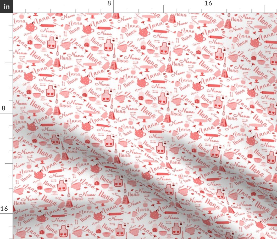 Nana Grandmother Grandma Hygge Kitchen Vector Motifs and Symbols in Rose on White Fabric