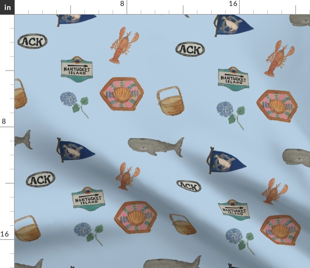 Nantucket Island Hand-Painted Watercolors of its Symbols, Signs and Motifs on Blue Fabric Nantucket Island Hand-Painted Watercolors of its Symbols, Signs and Motifs on Blue Fabric