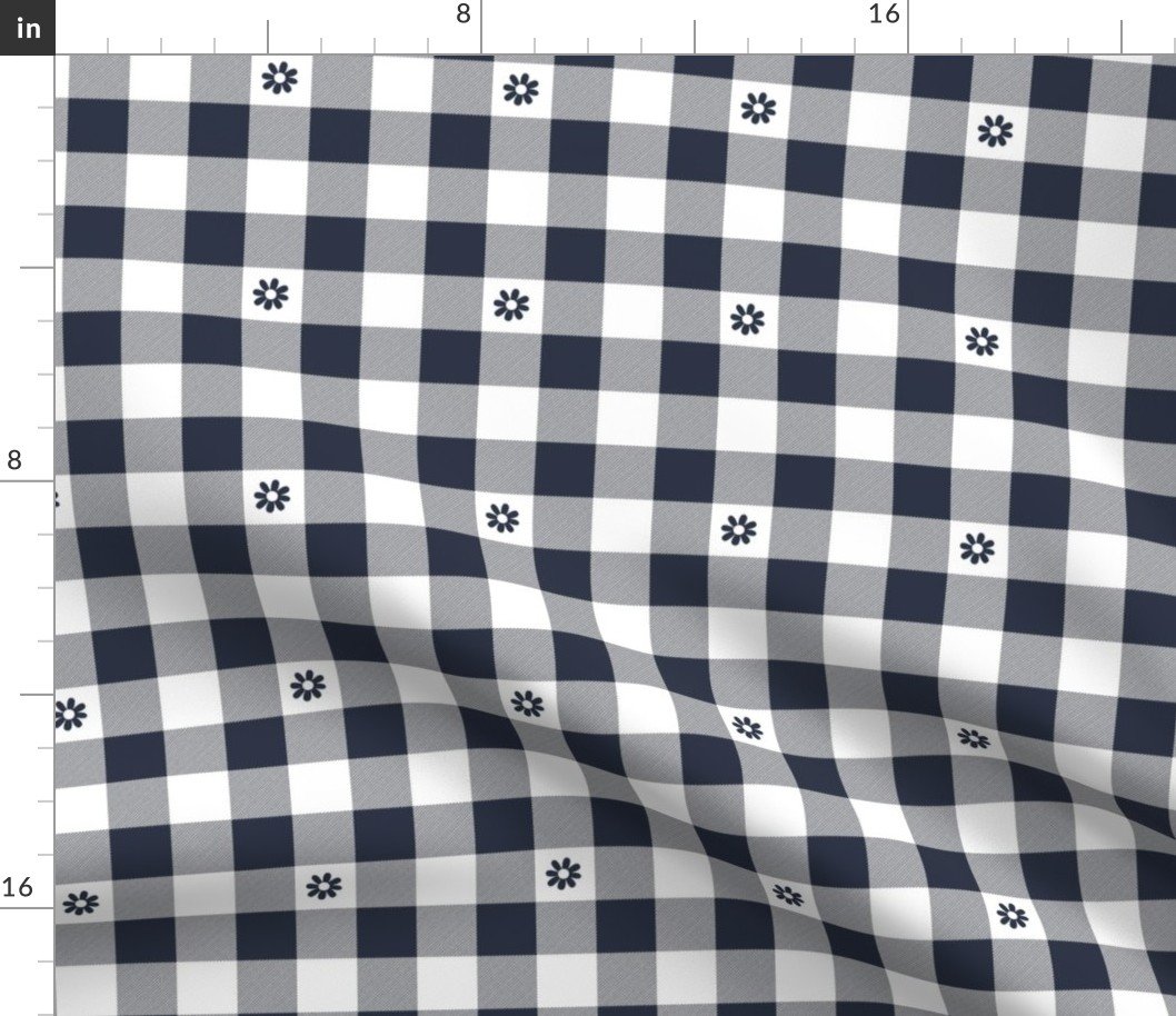 Navy Blue and White Gingham Check with Center Floral Medallions in Navy Fabric