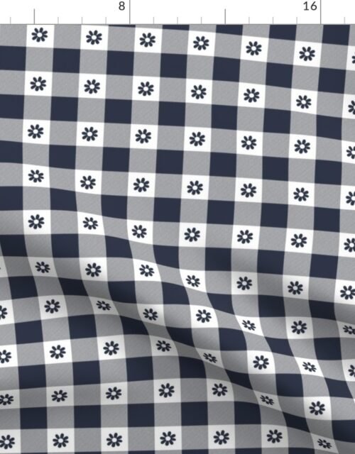 Navy Blue and White Gingham Check with Center Floral Medallions in Navy Fabric