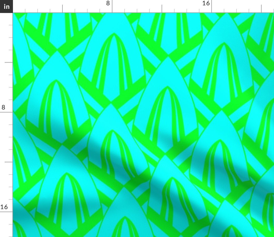 Neon Aqua and Lime Green Large Neon Art Deco Geometric Triangle Pattern Fabric