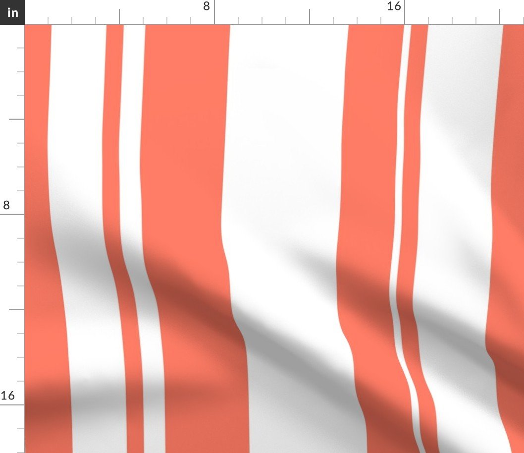 Neon Coral on White Random Width Vertical Barcode Stripes Fabric