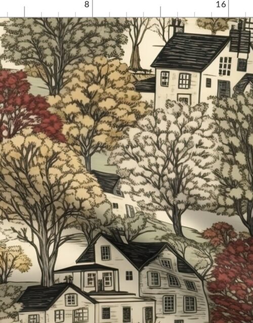 New England Village Houses with Trees in Muted Colors Fabric