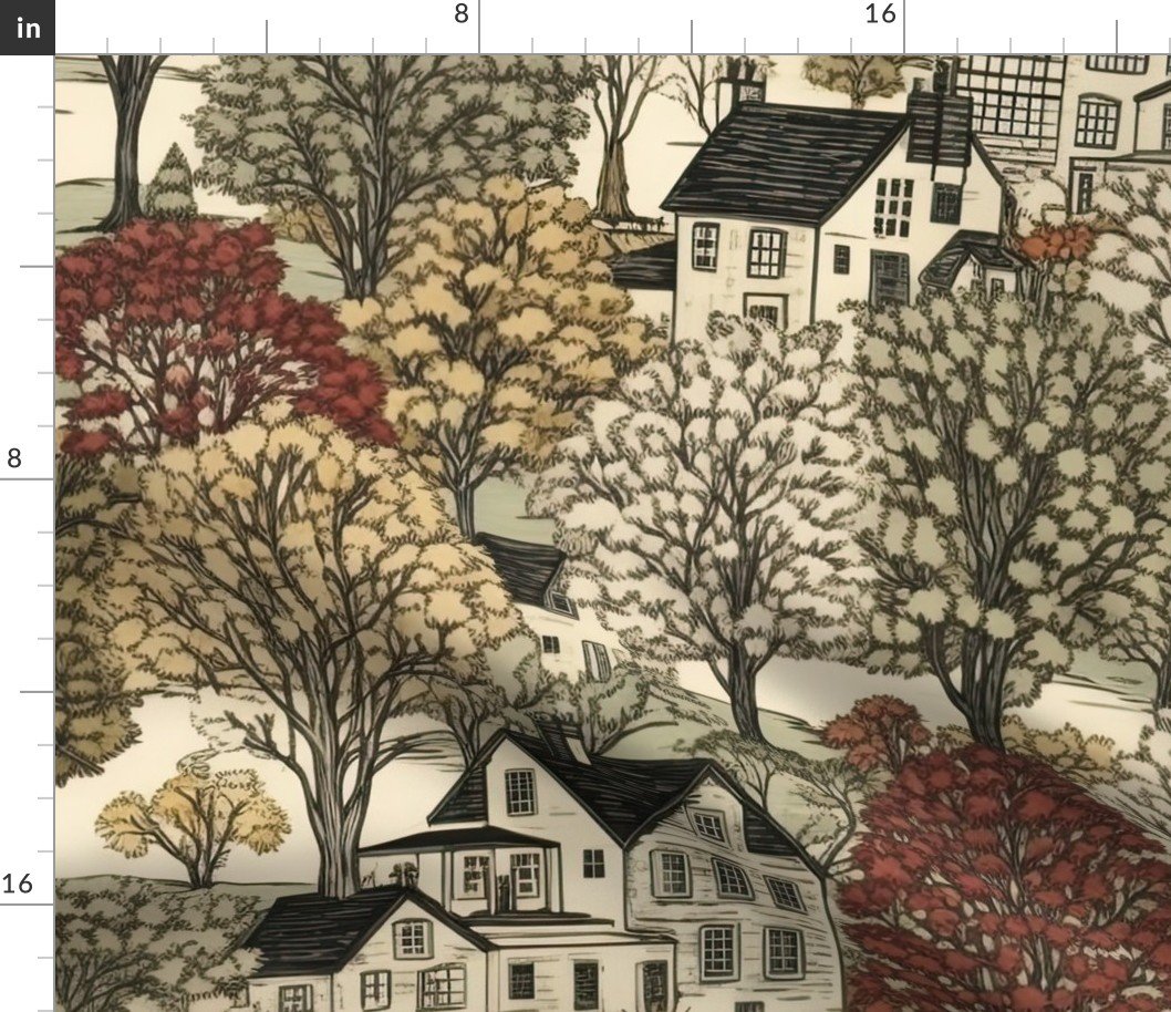 New England Village Houses with Trees in Muted Colors Fabric