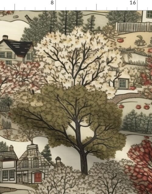 New England Village Houses with Trees in Muted Colors Fabric