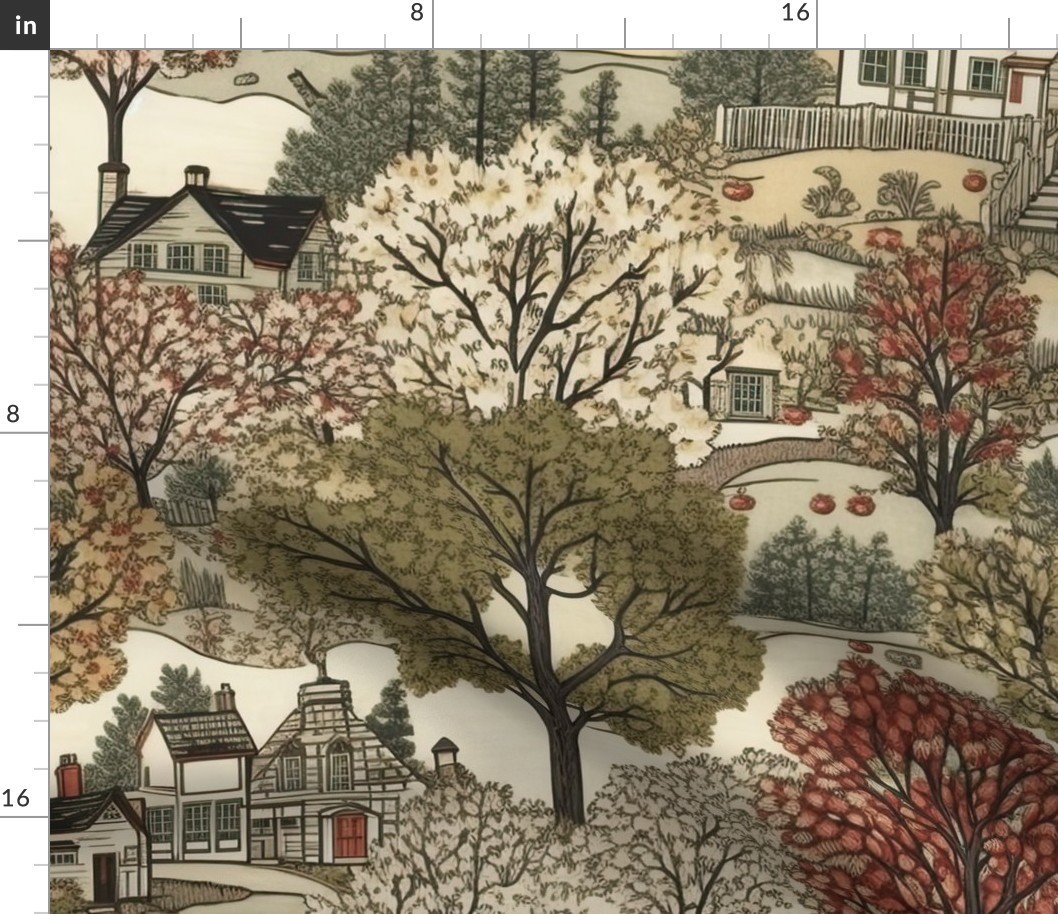 New England Village Houses with Trees in Muted Colors Fabric New England Village Houses with Trees in Muted Colors Fabric