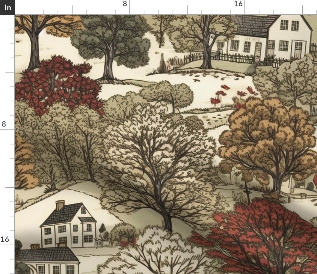 New England Village Houses with Trees in Muted Colors Fabric
