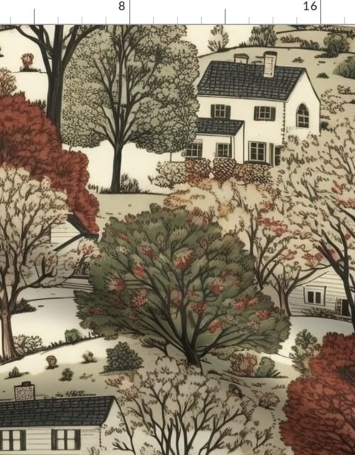 New England Village Houses with Trees in Muted Colors Fabric