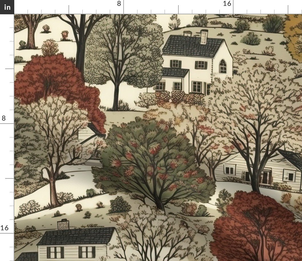 New England Village Houses with Trees in Muted Colors Fabric