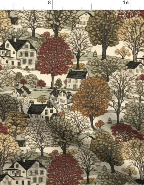 New England Village Houses with Trees in Muted Colors Fabric