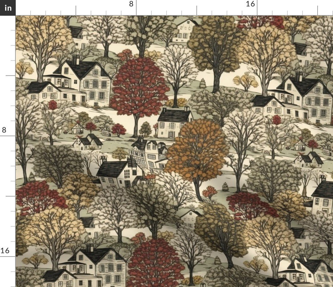 New England Village Houses with Trees in Muted Colors Fabric