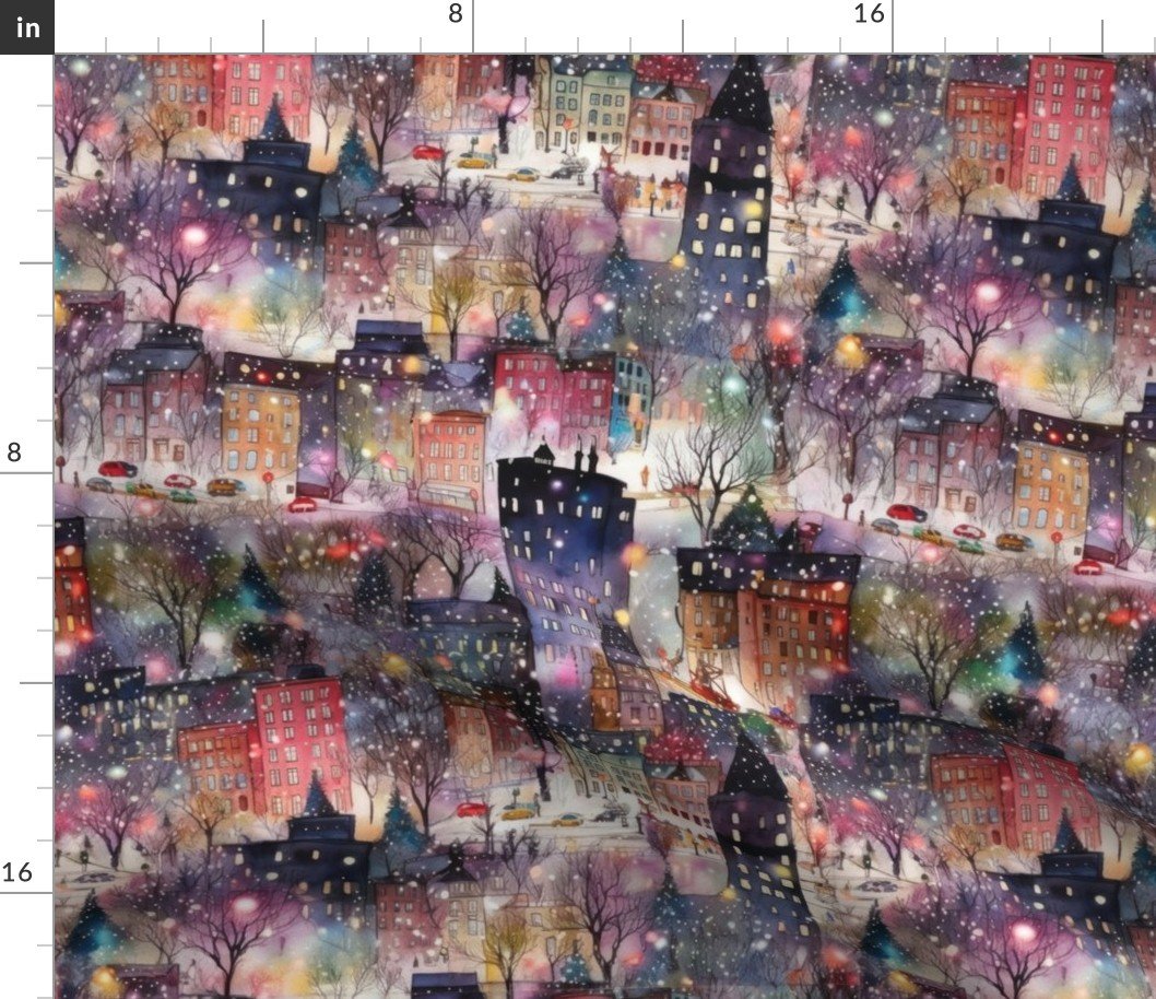 New York City Christmas Street Watercolor Fabric